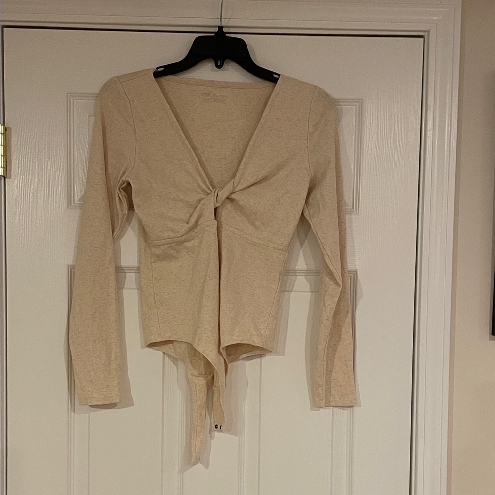 Aerie Cream Long Sleeve Twist Front Bodysuit